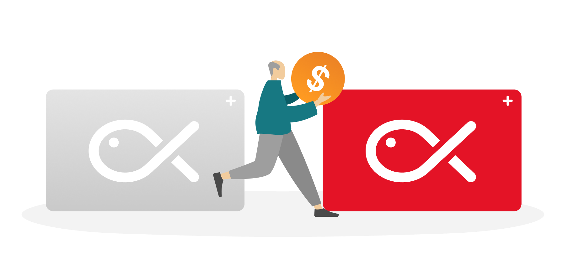 An image showing a little person carrying a dollar sign from one Snapper card to another.