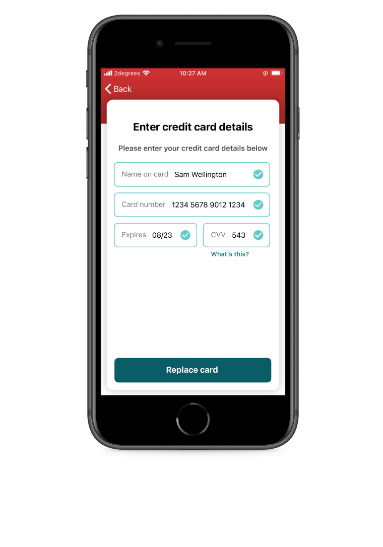 'Enter credit card details' page of the Snapper iOS app. 