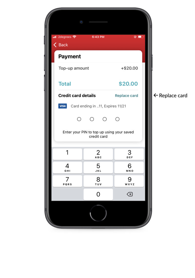 Payment screen of the iOS app with an arrow pointing to the 'Replace card' button