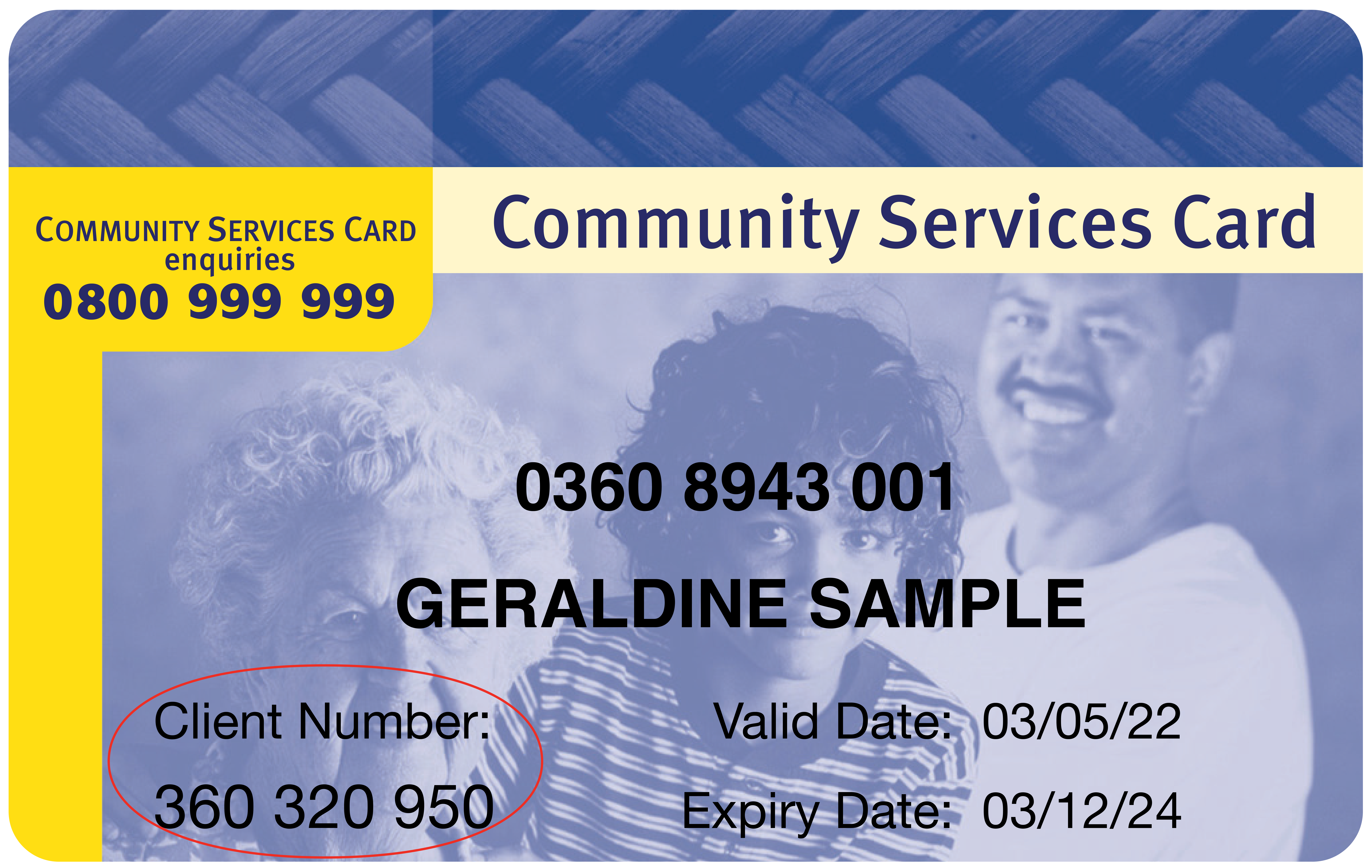 An image of the front of a Community Services Card, with the client number at the bottom-left, circled.