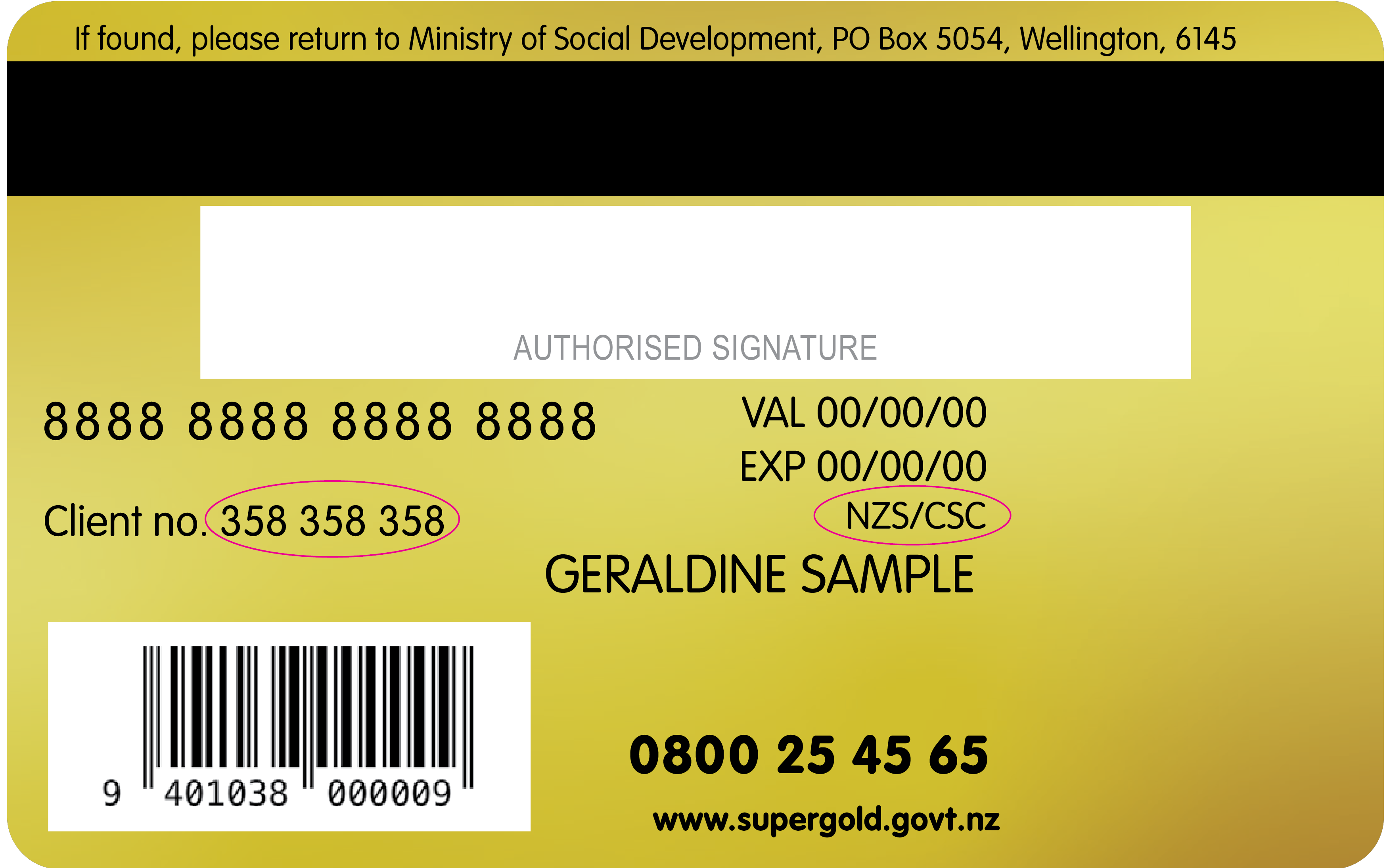 An image of the back of a SuperGold/Community Services Card, with the client number shown on the left in the middle above the barcode, circled.